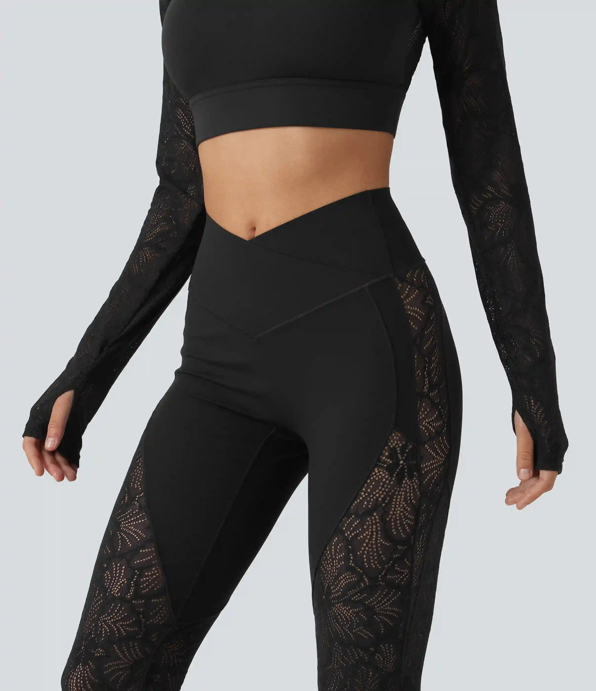 Halara UltraSculpt™ High Waisted Crossover Tummy Control Contrast Lace Yoga Flare Leggings with Pockets