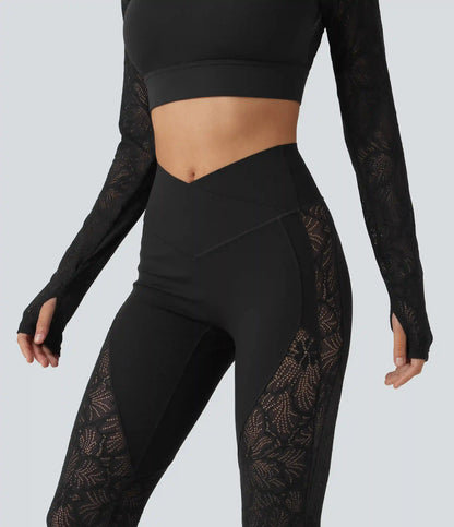 Halara UltraSculpt™ High Waisted Crossover Tummy Control Contrast Lace Yoga Flare Leggings with Pockets