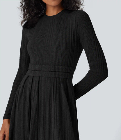 Round Neck Long Sleeve Flare Maxi Casual Dress