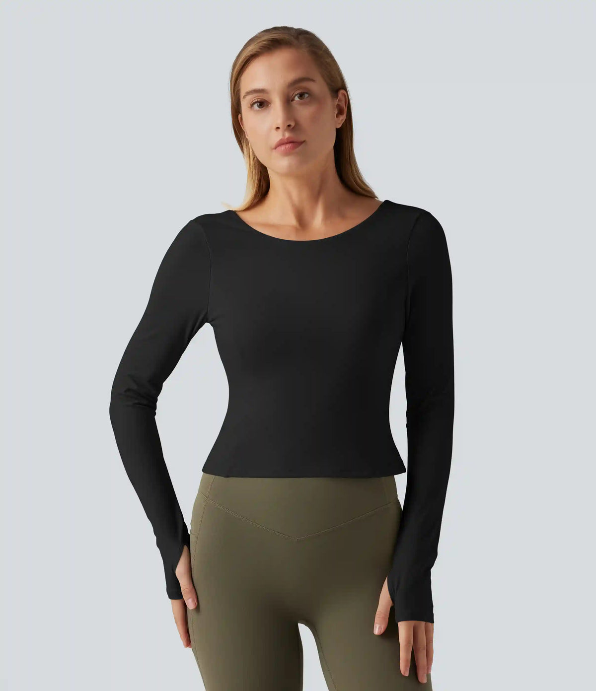 SoftlyZero™ Plush Round Neck Thumb Hole Long Sleeve Yoga Sports Top with Built-in Bra