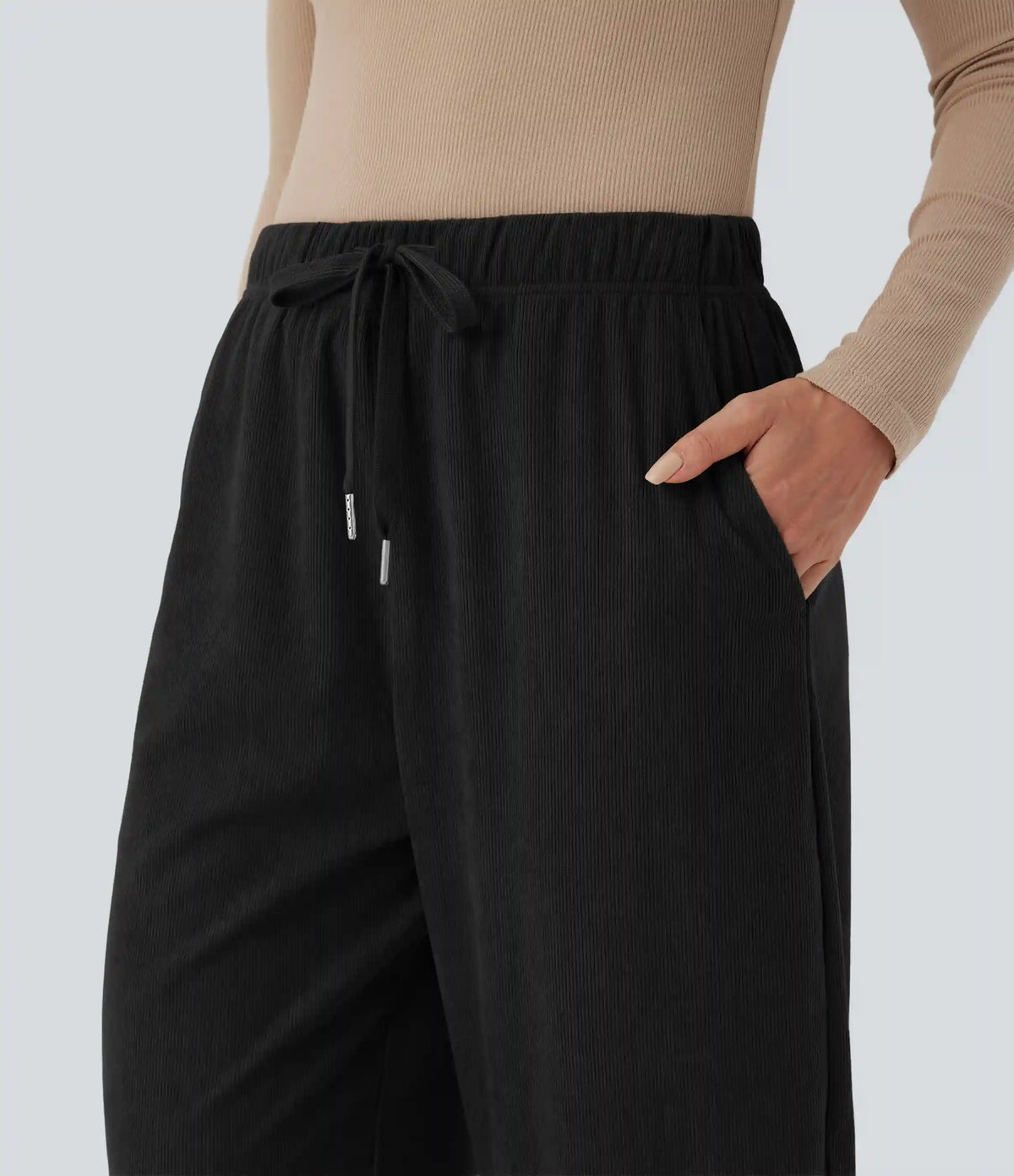 Mid Rise Drawstring Barrel Leg Corduroy Casual Pants with Pockets