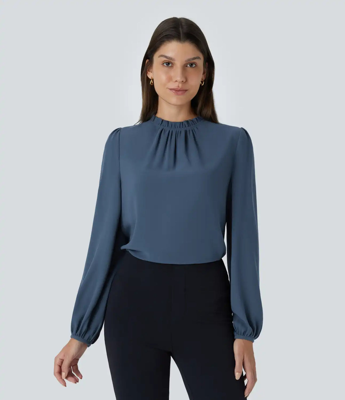 Frill Round Neck Keyhole Back Long Sleeve Work Blouse