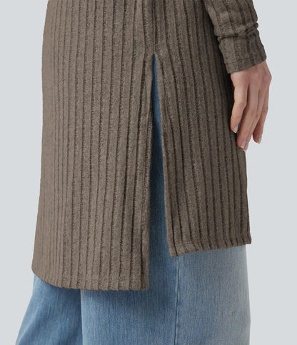 Ribbed Knit Long Sleeve Split Casual Cardigan