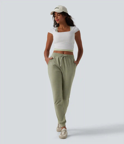Mid Rise Drawstring Tapered Casual Joggers with Pockets