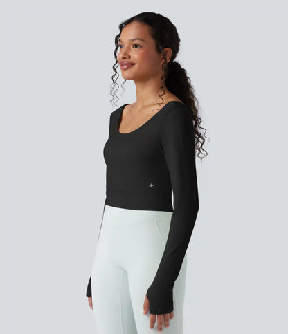 Seamless Flow Twisted Backless Scoop Neck Long Sleeve Thumb Holes Cropped Yoga Sports Top