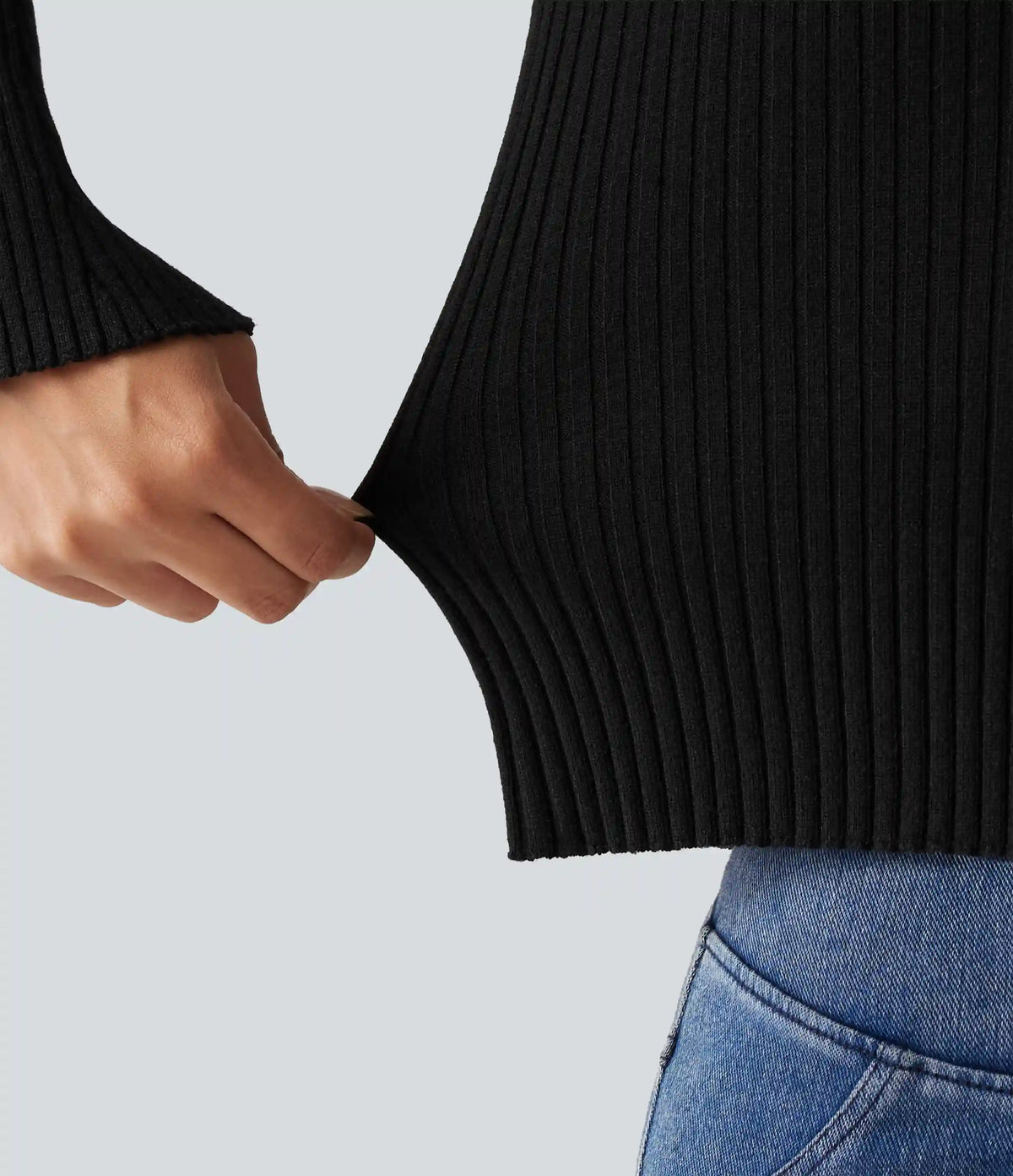 Ribbed Knit Stand Collar Flounce Sleeves Asymmetric Hem Slim Work Sweater