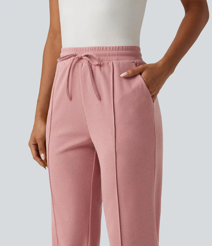 High Waisted Drawstring Tapered Pintuck Work Pants with Pockets
