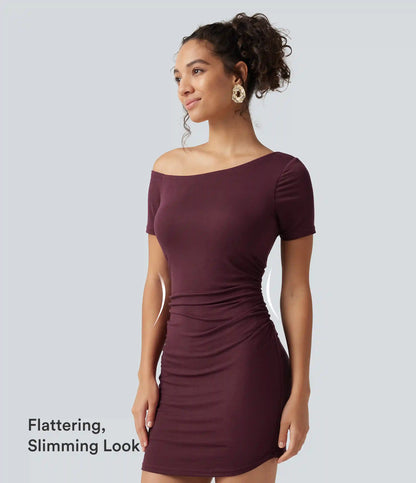 Ribbed One Shoulder Built-in Bra Short Sleeve Bodycon 2-in-1 Mini Casual Dress with Pockets-Easy Peezy Edition