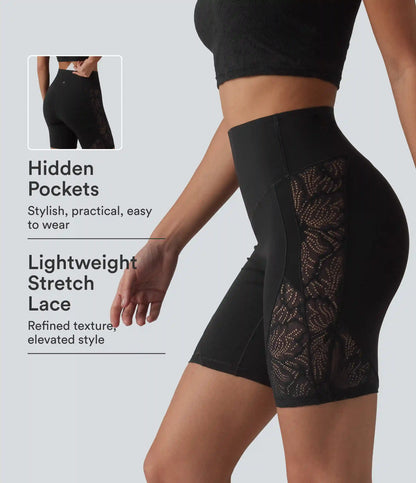 Halara UltraSculpt™ High Waisted Tummy Control Contrast Lace Yoga Biker Shorts 7'' with Pocket