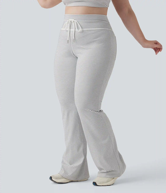 High Waisted Drawstring Stripe Flare Yoga Plus Size Pants with Pockets