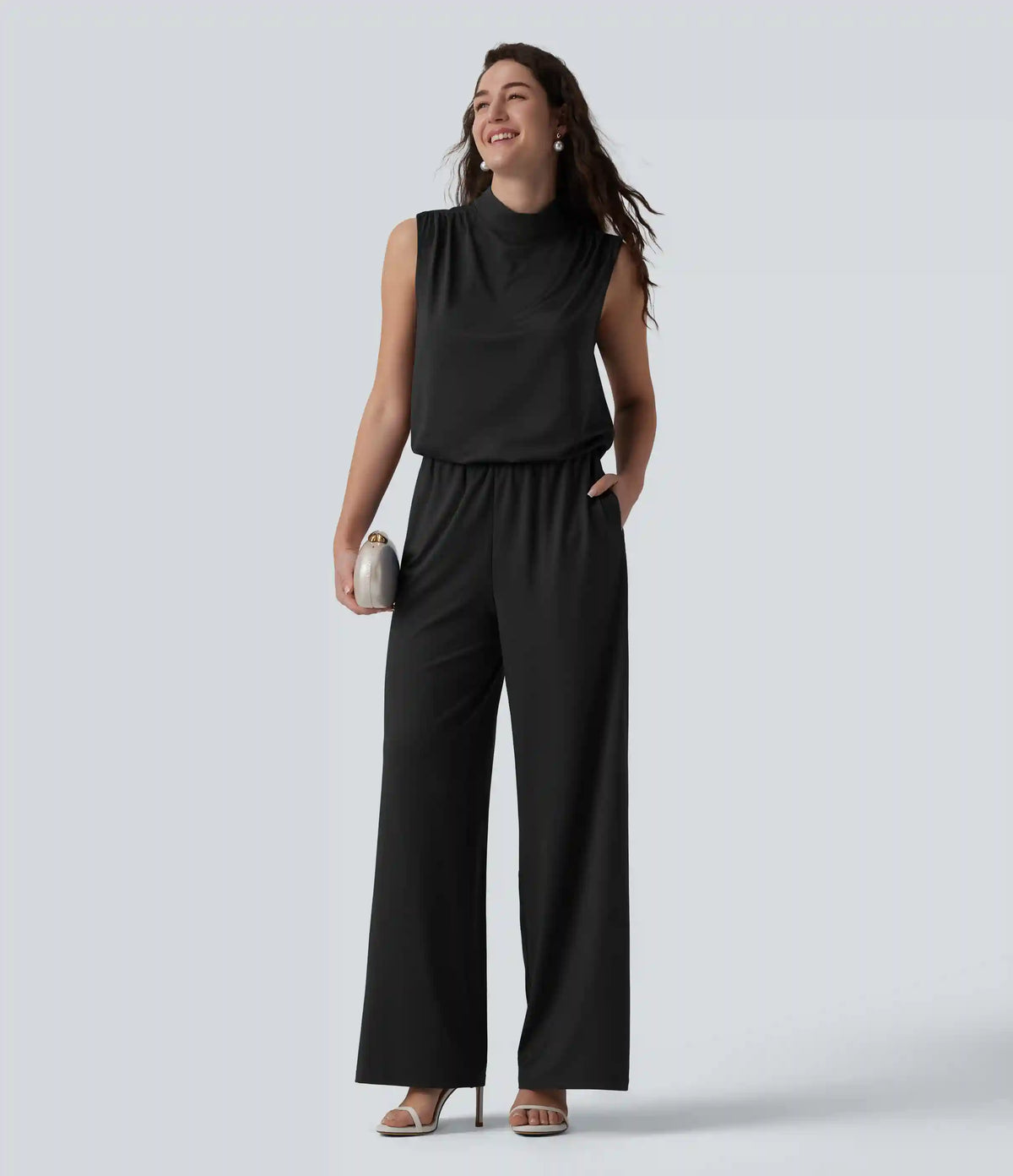 Stand Collar Sleeveless Straight Leg Bridesmaid And Wedding Guest Jumpsuit with Pockets-Easy Peezy