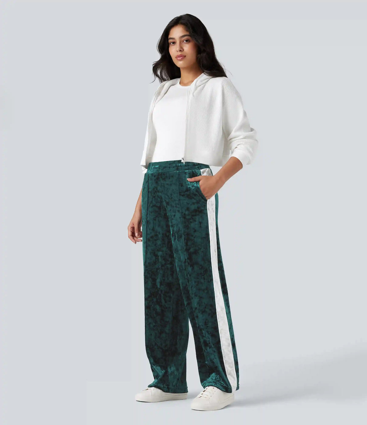 Mid Rise Drawstring Color Block Velvet Casual Straight Leg Pants with Pockets
