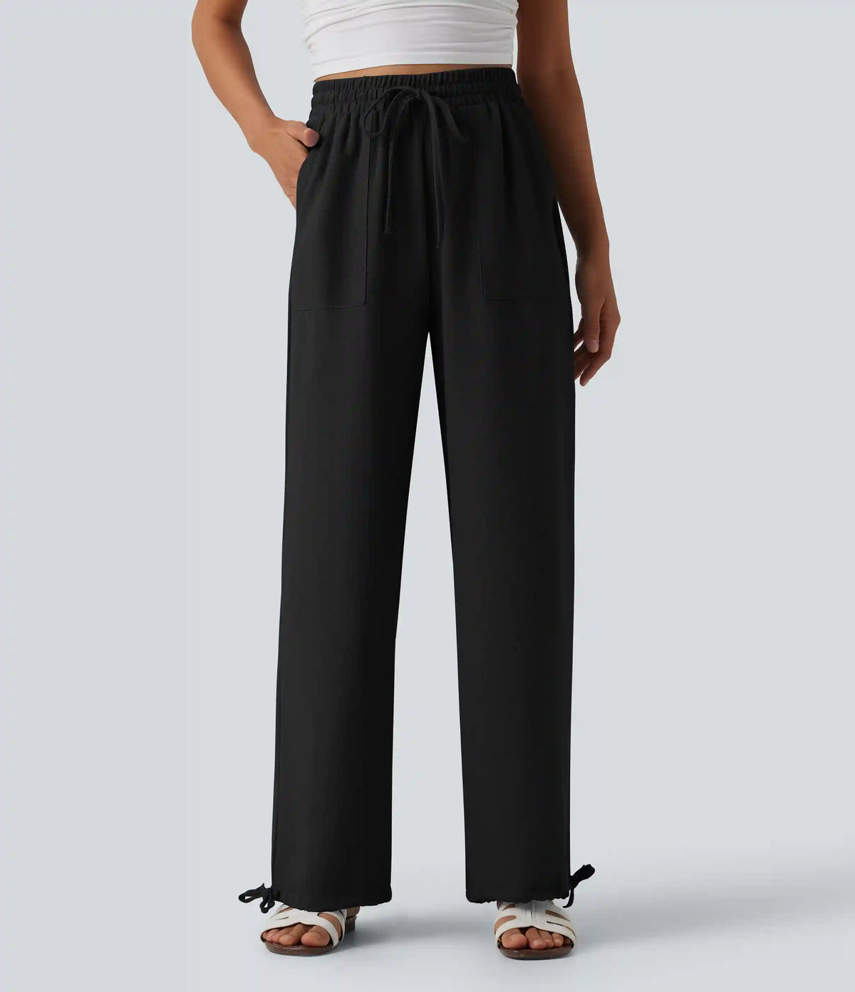 High Waisted Drawstring Wide Leg Casual Linen-Feel Joggers with Pockets