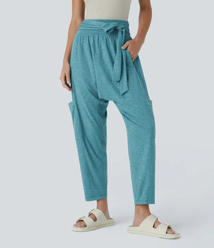 Mid Rise Tie Pockets Casual Harem Pants