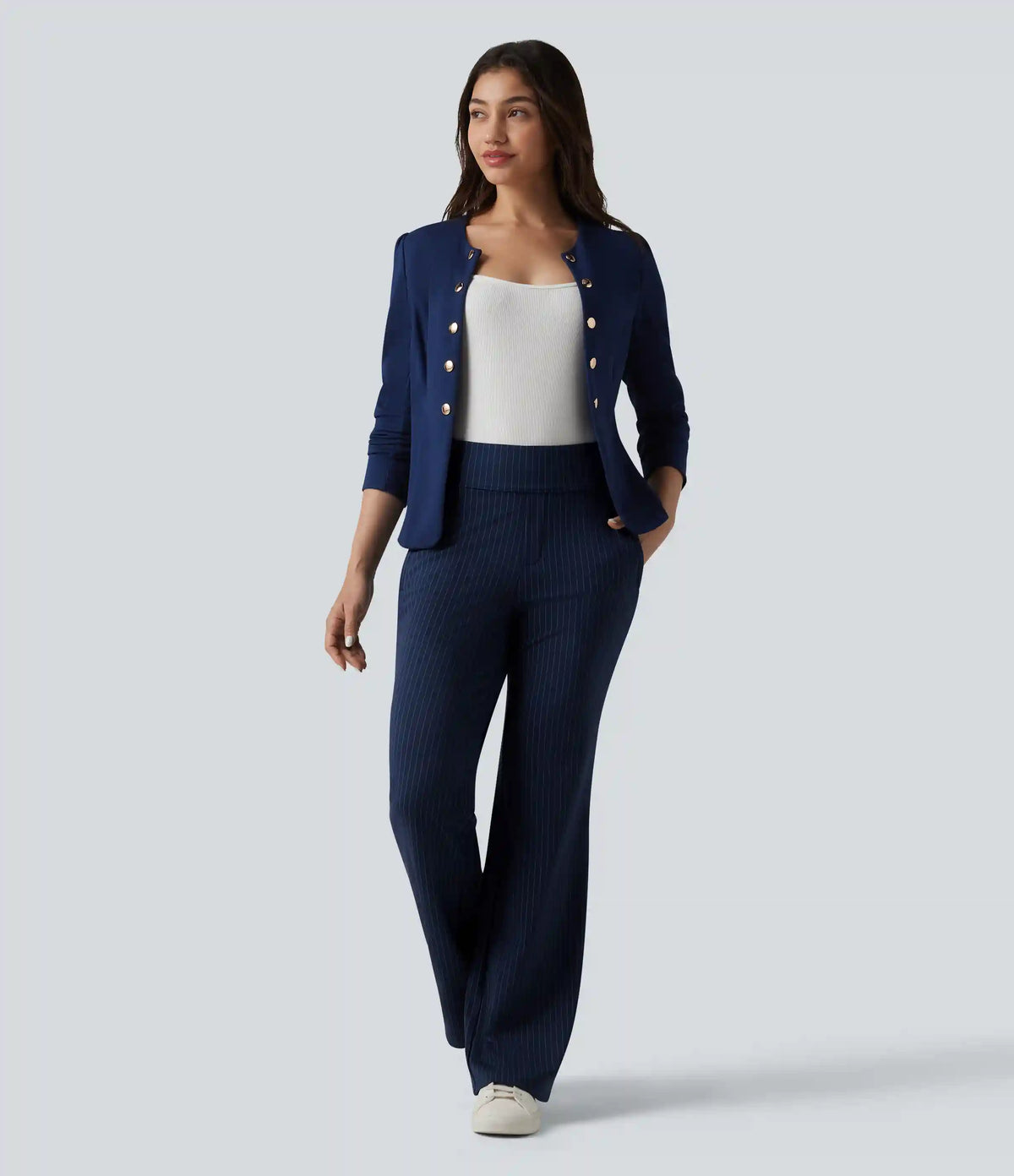 Mid Rise Stripe Work Flare Pants with Pockets