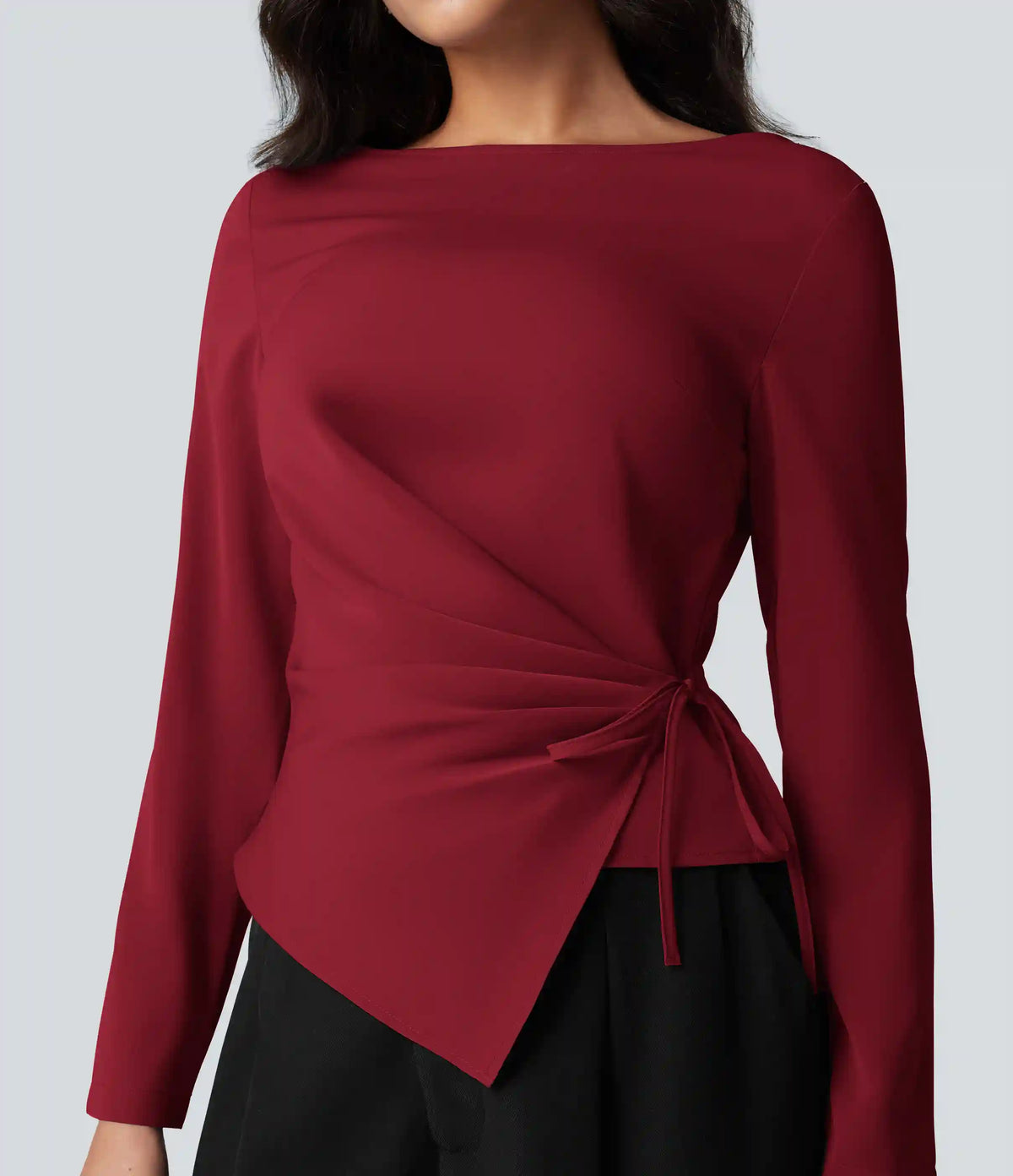 Wrinkle Recovery Boat Neck Long Sleeve Ruched Tie Work Blouse