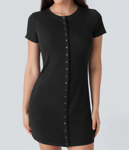 Ribbed Knit Round Neck Mini Casual Dress