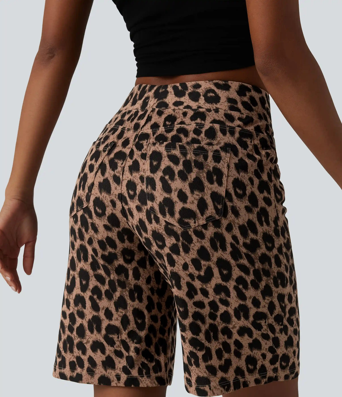 High Waisted Leopard Waffle Casual Baggy Bermuda Shorts 10'' with Pockets