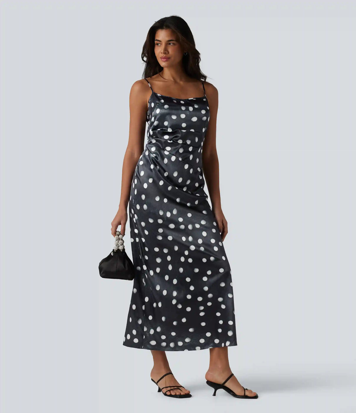 Invisible Zipper Ruched Tie-back Polka Dot Satin Maxi Bridesmaid And Wedding Guest Slip Dress