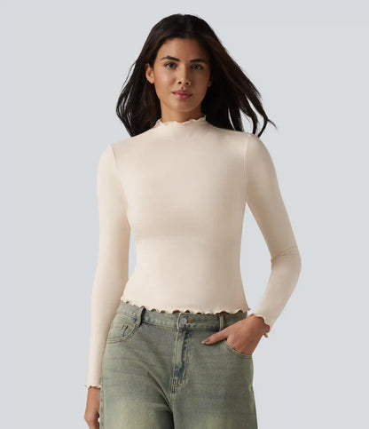 Halara HeatCore Mock-neck Long Sleeve Lettuce Trim Casual Warming Top