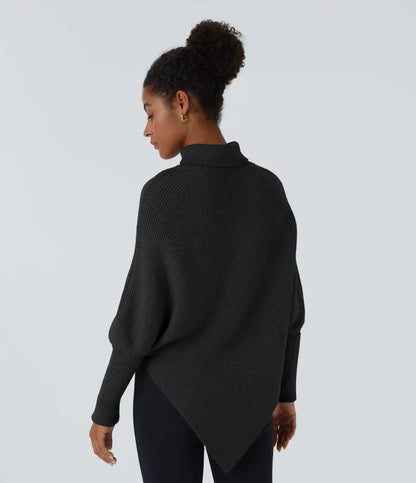 High Neck Long Sleeve Asymmetric Hem Work Sweater