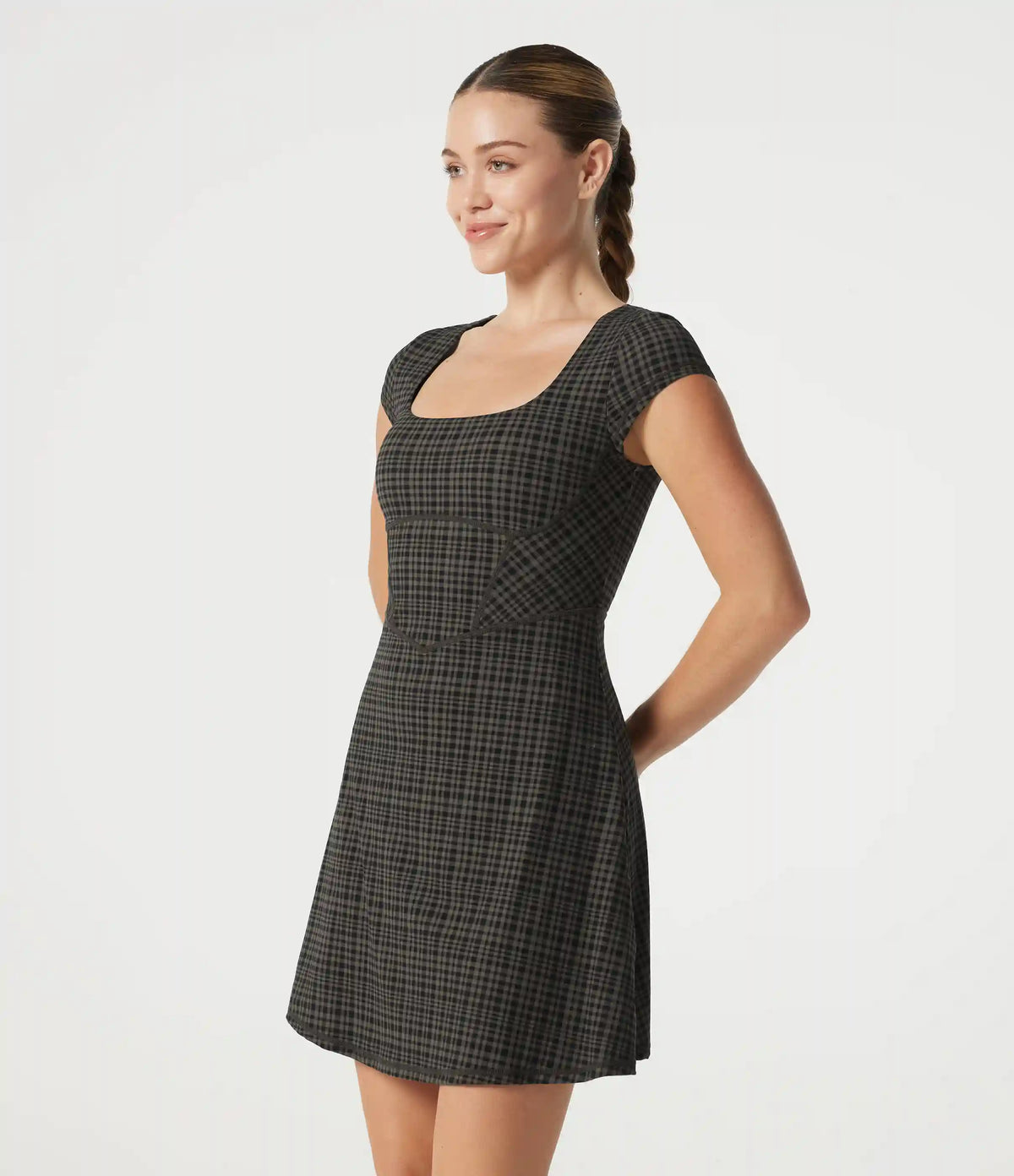 Halara UltraSculpt™ Check Plaid Print Square Neck Corset 2-in-1 Built-in Bra Mini Casual Dress with Pockets-Easy Peezy