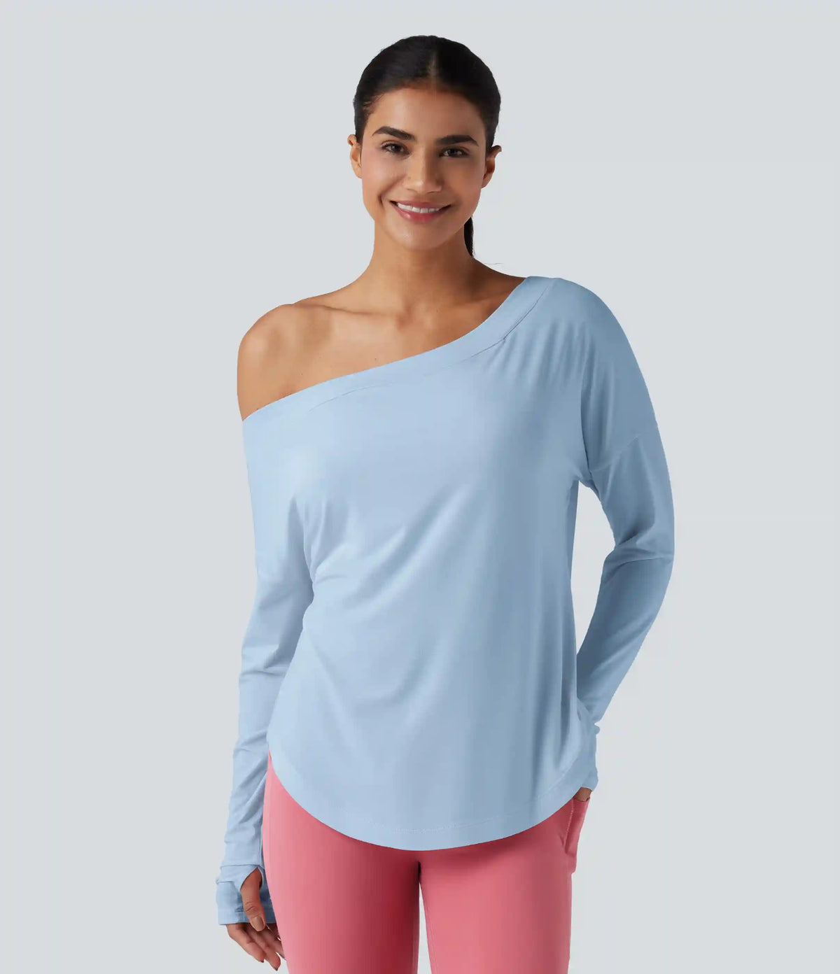 One Shoulder Long Sleeve Thumb Hole Curved Hem High Low Quick Dry Yoga Sports Top-Built-in Bra