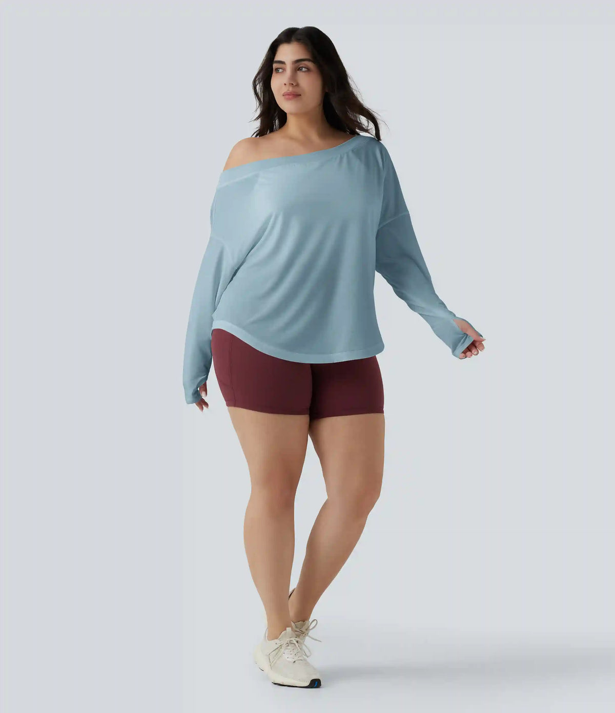One Shoulder Long Sleeve Thumb Hole Curved Hem High Low Quick Dry Yoga Plus Size Sports Top-Built-in Bra