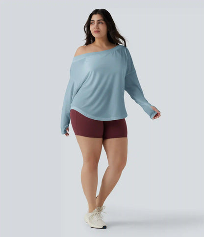 One Shoulder Long Sleeve Thumb Hole Curved Hem High Low Quick Dry Yoga Plus Size Sports Top-Built-in Bra