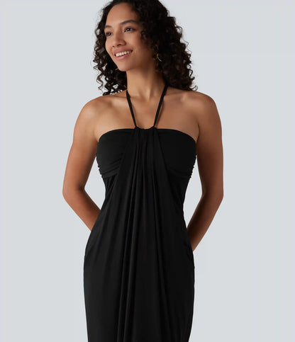 Halter Tie Back Built-in Bra Maxi Dress with Pockets