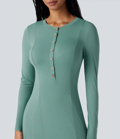 Henley Long Sleeve Flare Maxi Casual Dress