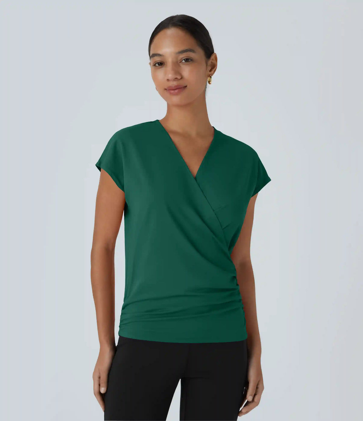 V Neck Cap Sleeve Crossover Ruched Solid Work Blouse