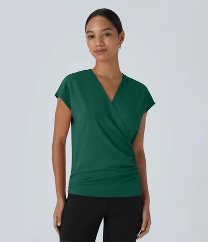 V Neck Cap Sleeve Crossover Ruched Solid Work Blouse