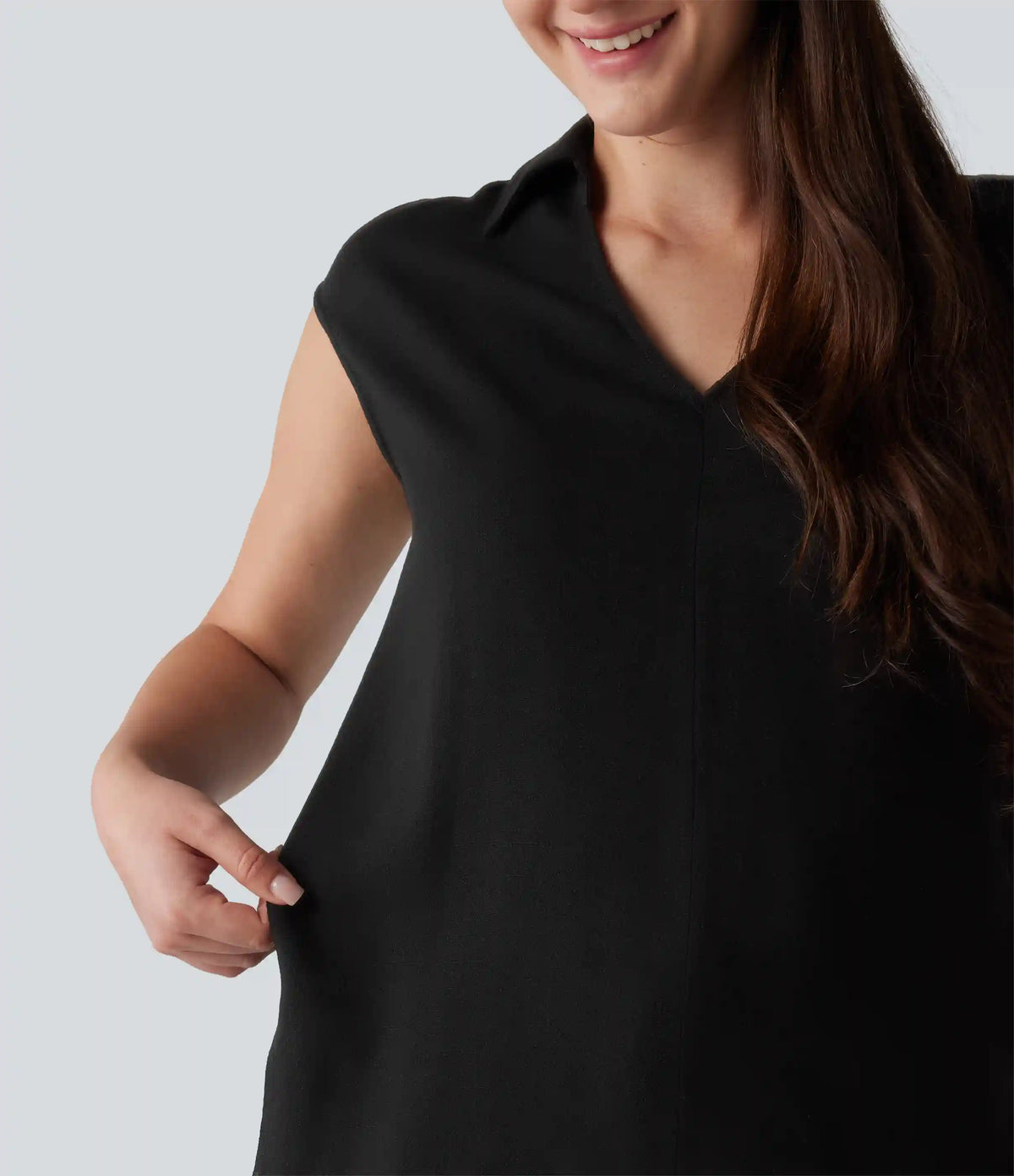 V-neck Sleeveless Split Hem Work Linen-Blend Blouse