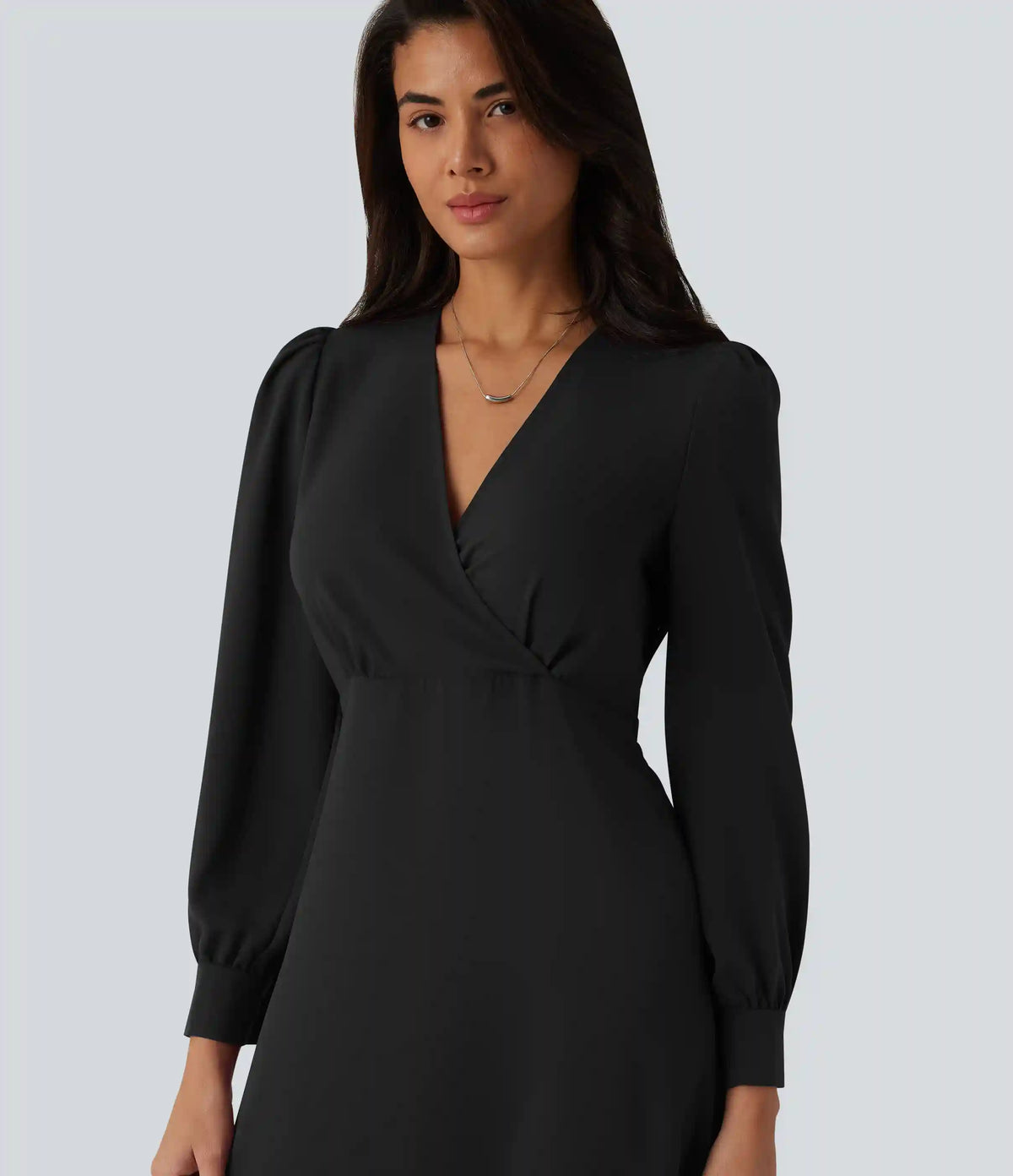 V-neck Puff Long Sleeve Midi Casual Dress