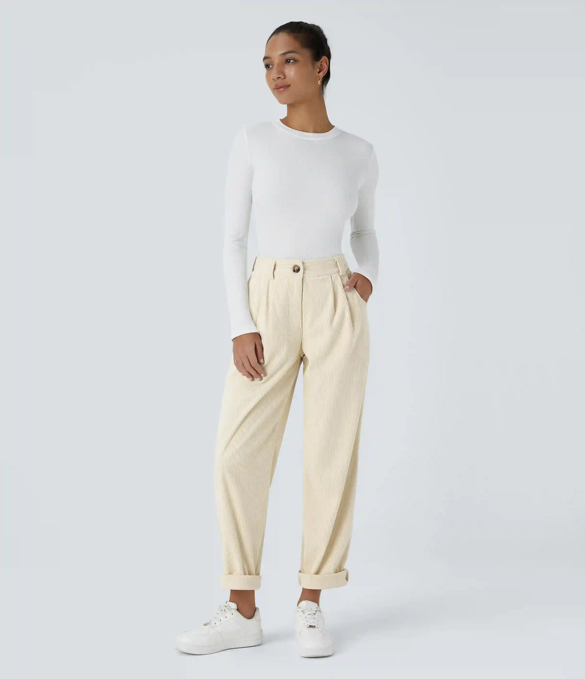 Mid Rise Zipper Pocket Corduroy Casual Pants