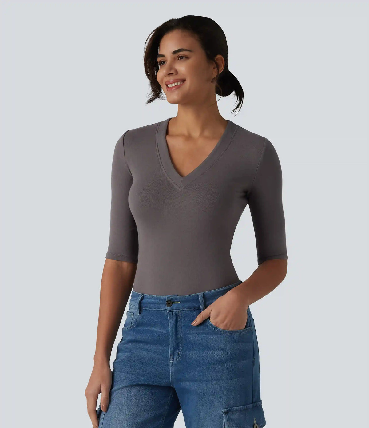 Ribbed Knit V Neck Half Sleeve Casual T-Shirt