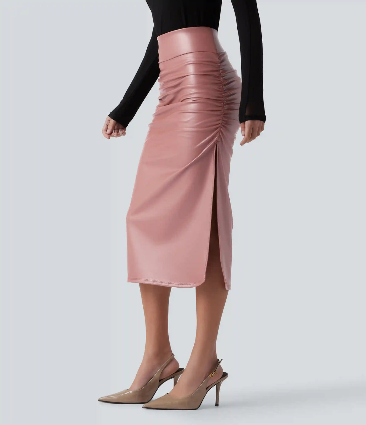 High Waisted Tummy Control Ruched Curved Hem 2-in-1 Fleece PU Midi Casual Skirt