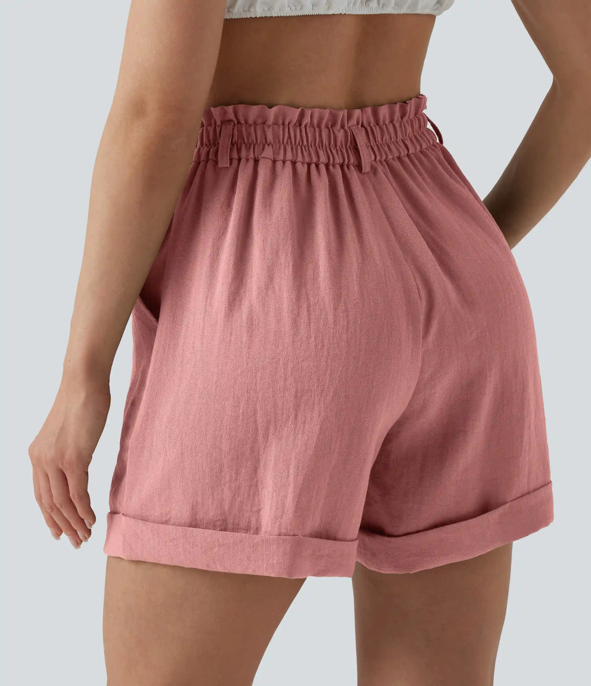 High Waisted Rolled Hem Linen-Feel Resort Shorts 5'' with Pockets