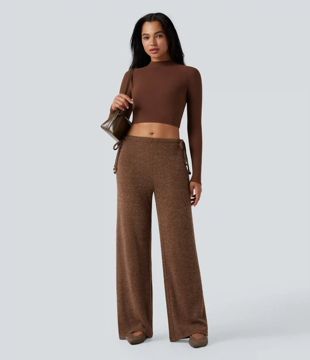 Ribbed Knit Sparkle Mid Rise Drawstring Wide Leg Casual Pants with Pockets