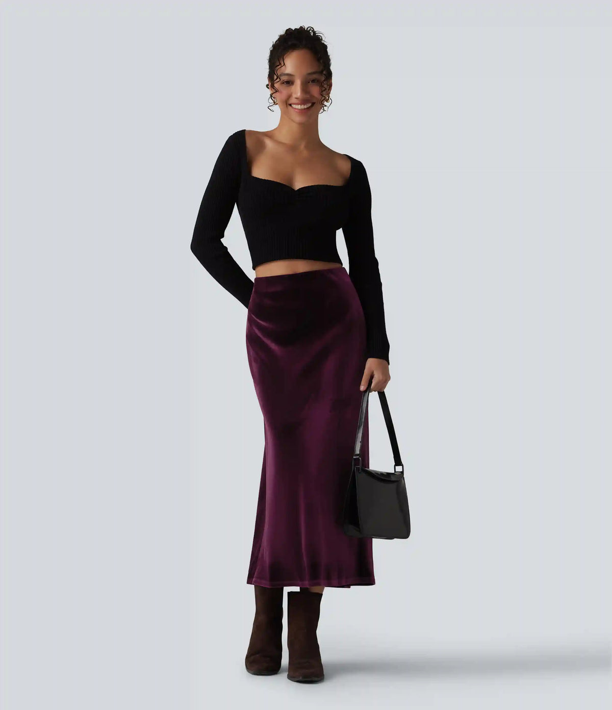 High Waisted Velvet Midi Work Skirt