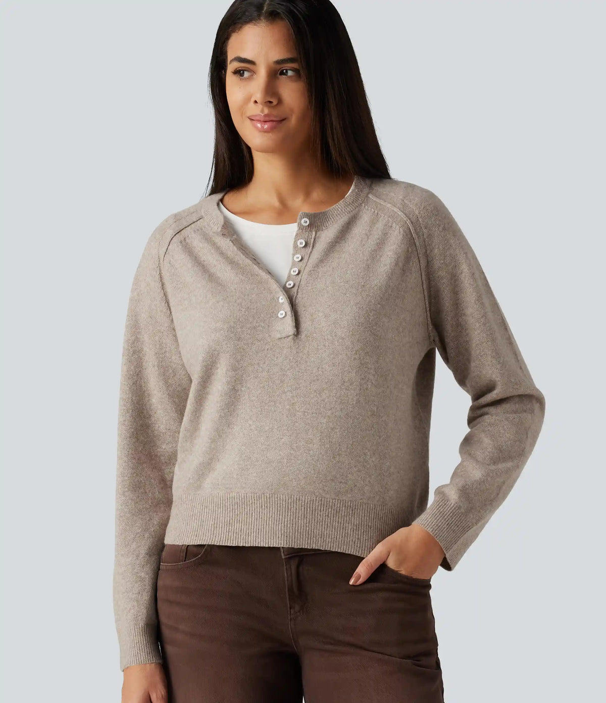 Henley Neck Long Sleeve Casual Sweater