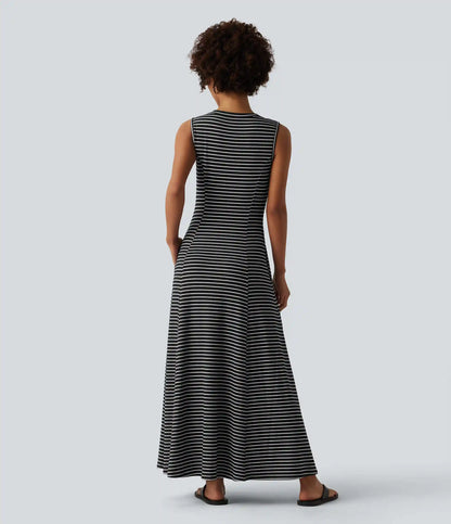 Henley Sleeveless Stripes Maxi Casual Flowy Dress with Pockets
