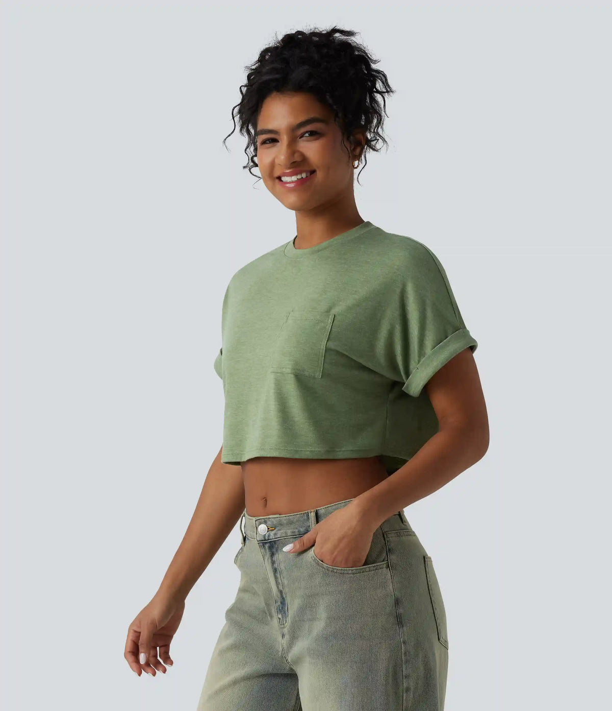 Round Neck Short Sleeve Relaxed Cropped Heathered Casual T-Shirt with Pocket