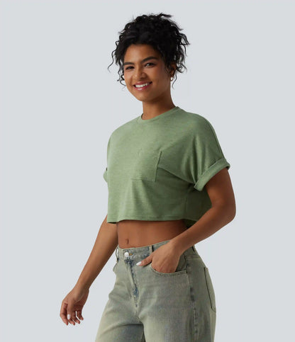 Round Neck Short Sleeve Relaxed Cropped Heathered Casual T-Shirt with Pocket