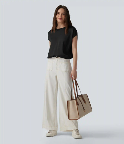 Round Neck Keyhole Back Cap Sleeve Satin Work Top