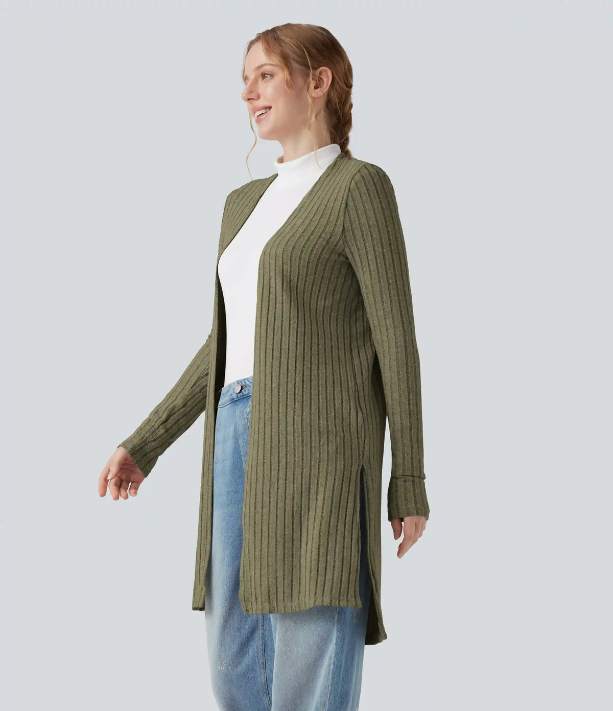 Ribbed Knit Long Sleeve Split Casual Cardigan