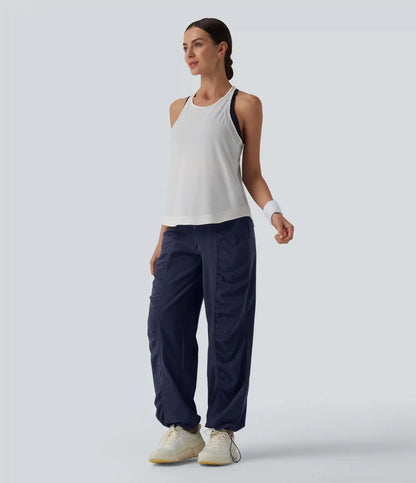 High Waisted Drawstring Ruched Quick Dry Running Straight Leg Baggy Pants with Pockets