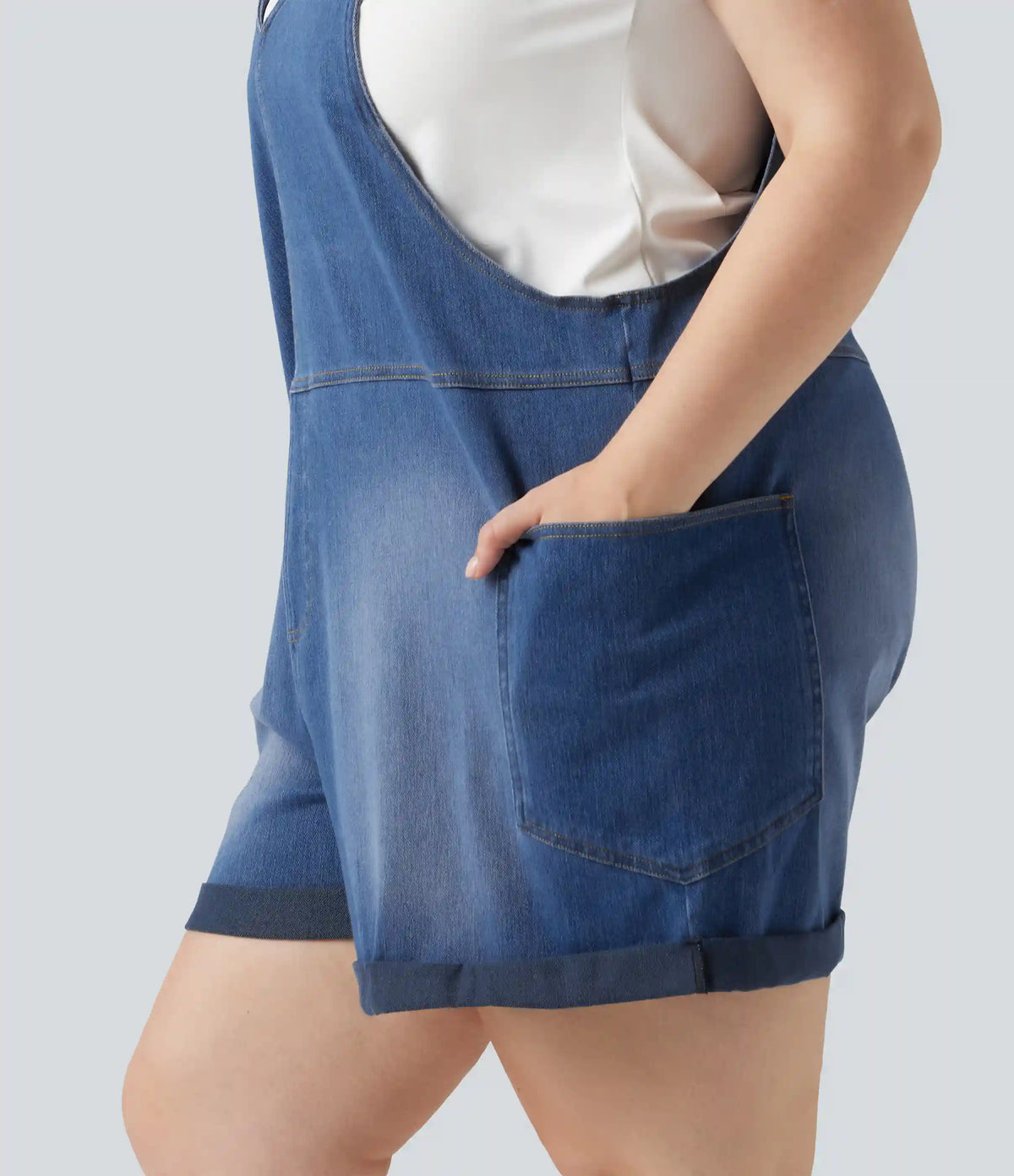 Plus Size Halara Flex™ V Neck Rolled Hem Washed Denim Casual Short Overalls with Pockets
