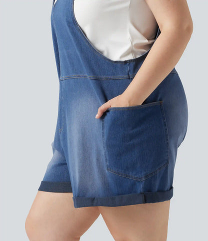 Plus Size Halara Flex™ V Neck Rolled Hem Washed Denim Casual Short Overalls with Pockets
